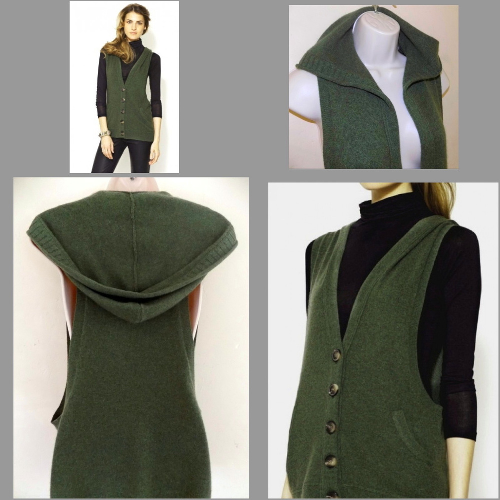 Vkoo Pure cashmere vest M Hood Green $348 V-neck Long Sleeveless sweater Pockets